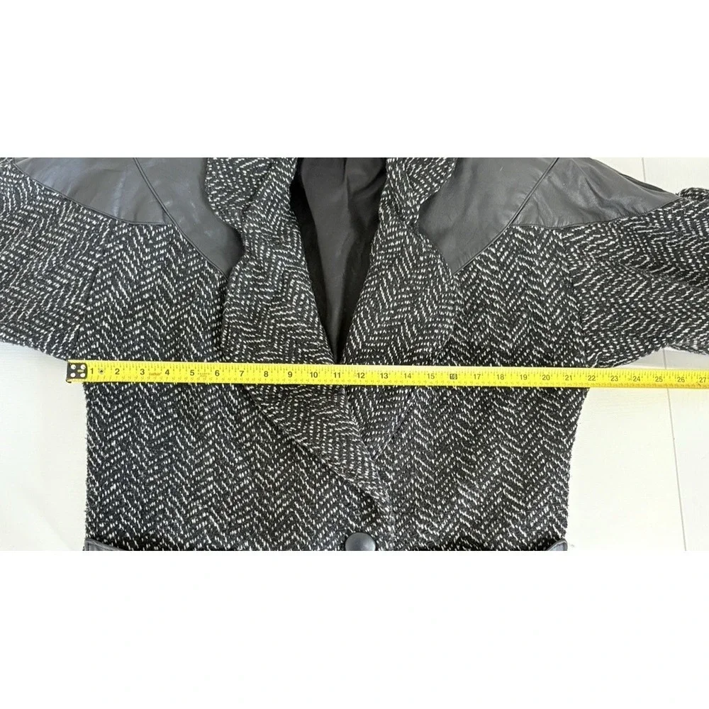 Vintage 80s Herringbone Tweed Wool Coat Leather Trim‎ Working Girl Blazer 9-10